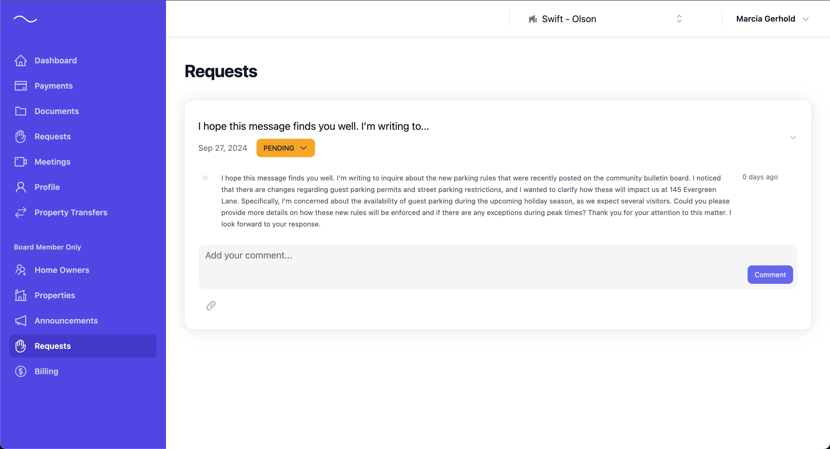Screenshot of the HOA Companion hoa software support ticket system for managing maintenance requests and homeowner communications.